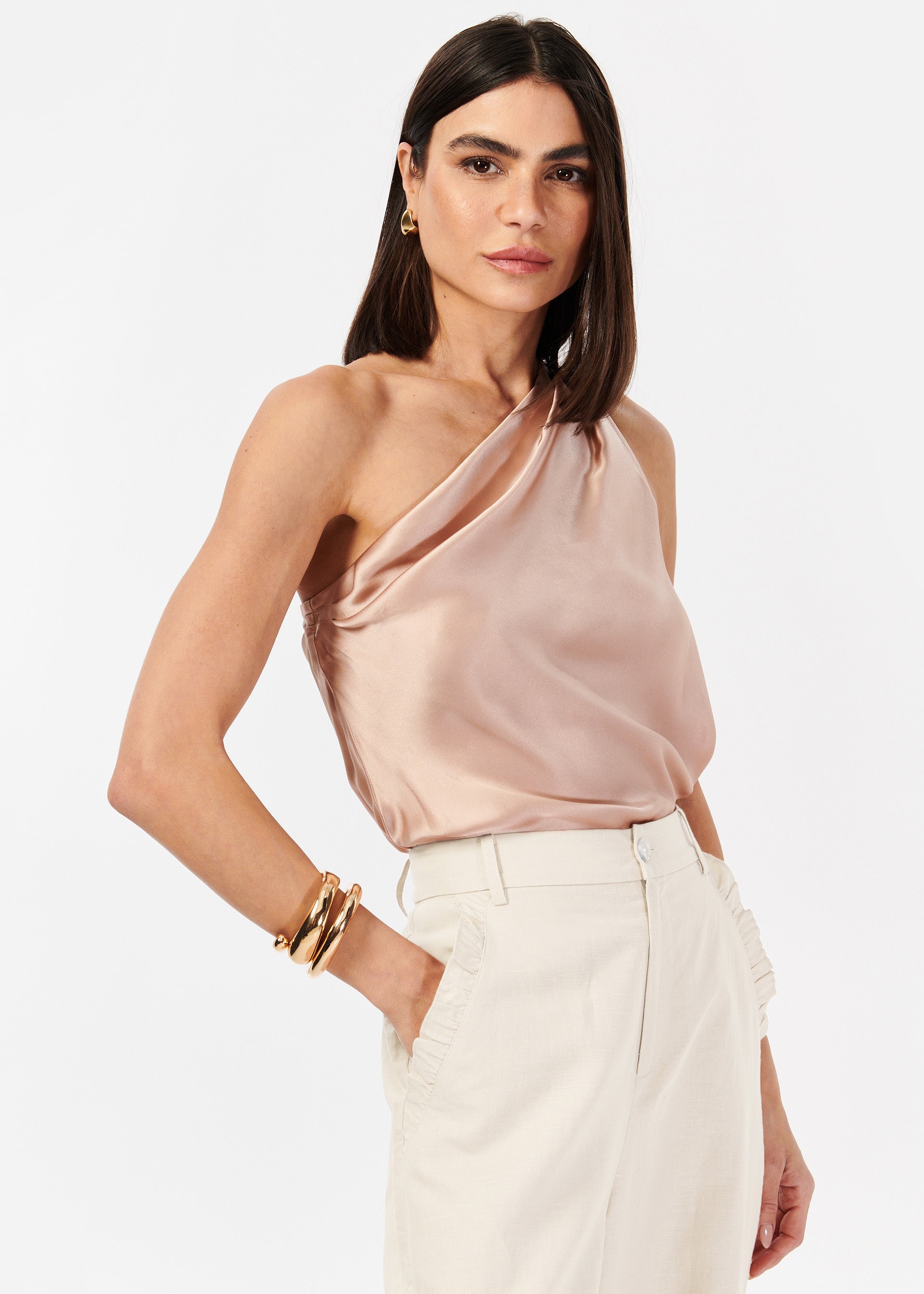 Cami NYC Darby Asymmetric Charmeuse Bodysuit in Brown
