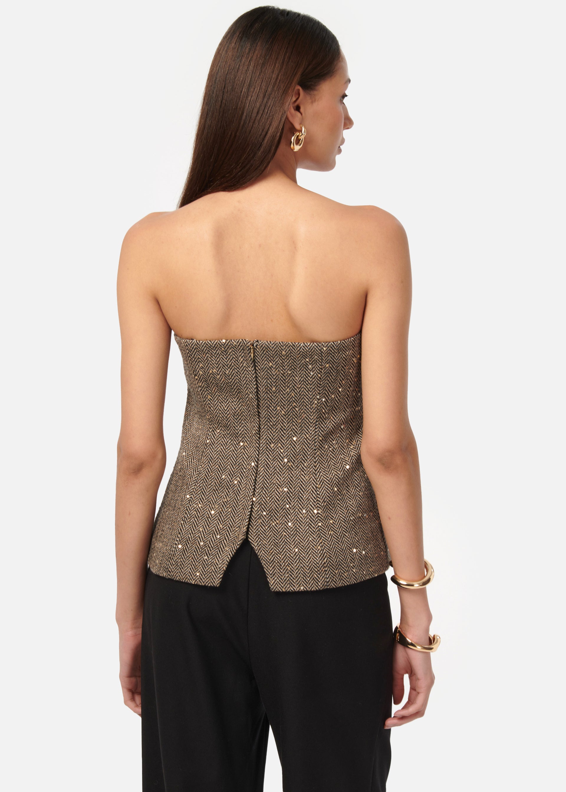 Elliot Sequin Tweed Top Black and Tan